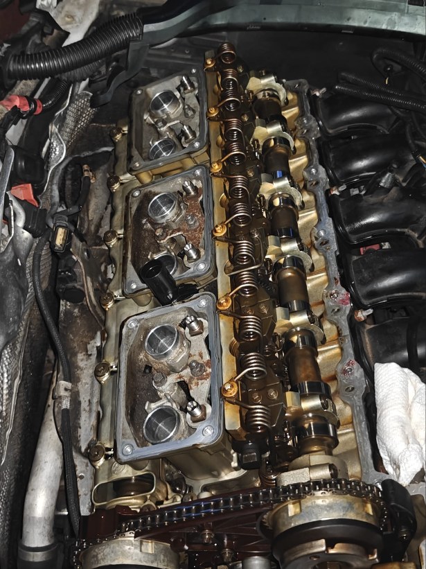 Top of the six-cylinder engine of a 2015 BMW 535i with the valve cover removed, showing the camshafts, valve springs, eccentric shaft and timing chain