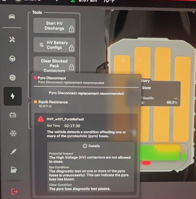 Tesla Toolbox service mode HV battery screen showing HVP_w021_PyroMiaFault, a Pyro Disconnect replacement recommendation and a squib resistance reading of 10.671 ohms